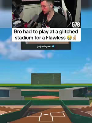 The cover image is a vertical split. The top half shows a live-action video of a man playing a video game, overlaid with text. Heβs wearing glasses and a headset, speaking into a microphone. The bottom half is a screenshot of a baseball field from the game.