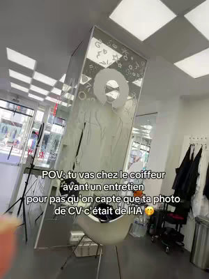 The cover image is a POV shot taken from inside a hair salon with a leaning wall that has a white design etched onto it. The elements in the image point to the main subject to be a hair salon. The video is likely geared toward an audience interested in job searching, employment, or CV creation, as indicated by the hashtags and text overlays.