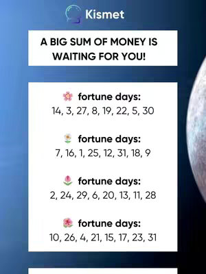 The image features a blue and purple gradient background. In the center is content from the app, 'Kismet', showing several text boxes with detailed fortune-telling prompts and an associated flower symbol (cherry blossom, daisy, tulip, hibiscus) and list of dates below each. The Kismet logo is at the top with a moon in the corner.