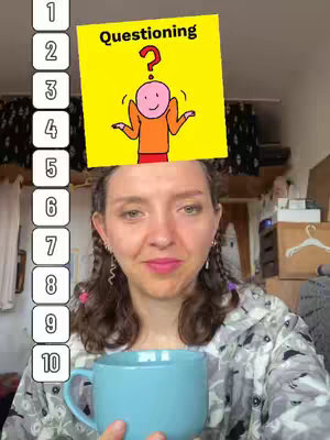 A woman with light skin, wearing a light-colored patterned jacket, is looking directly at the camera and holding a blue coffee mug close to her face. The background is blurred, suggesting an indoor setting with visible personal items. Above her head, a cartoon graphic on a yellow sticky note presents a stick figure with arms extended as a symbol of questioning, with the word "Questioning" above the figure. A numbered list, from 1 to 10, is on the left of the frame, with the number 5 in view.