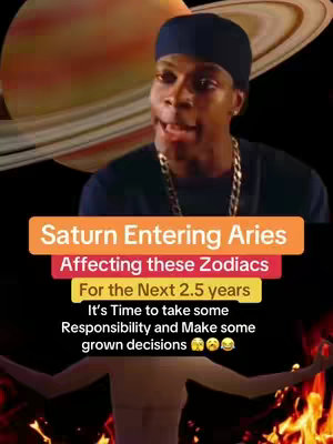A video cover image featuring a dark-skinned man in a black cap speaking animatedly. Behind him are a swirling image of Saturn and the text overlayed with relevant horoscope information. Below him is a silhouette of a person with hands outstretched toward the fire.