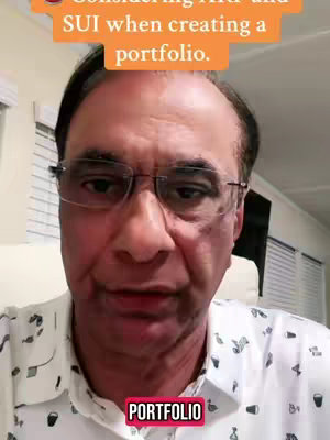 A close-up shot of an older man with glasses, facing the camera. He has dark hair and a patterned white shirt is visible. Overlaid text in a pink rectangle at the bottom of the image says 'PORTFOLIO'. The background is blurred.