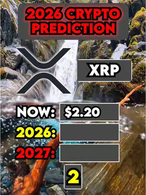 The cover image is a stylized graphic predicting cryptocurrency values. Lush, vibrant green foliage and a waterfall form the background. Overlayed, a dark red banner reads “2026 CRYPTO PREDICTION” in assertive, bold letters. Beneath the banner, the XRP cryptocurrency logo is prominently featured. White text boxes labeled “XRP”, “NOW: $2.20”, and then two blank boxes for 2026 and 2027 price predictions are set against a dark gradient and a yellow-filled box with a numerical value are underneath. The overall aesthetic is meant to be visually engaging, dynamic, and futuristic, while highlighting the subject.