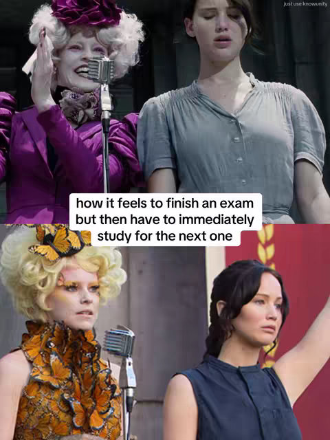 A split image featuring characters from "The Hunger Games." The top half shows a woman in a purple outfit with a white wig, speaking into a microphone, alongside another woman with a serious expression. The bottom half repeats similar imagery with different outfits. The text overlay reads "how it feels to finish an exam but then have to immediately study for the next one."