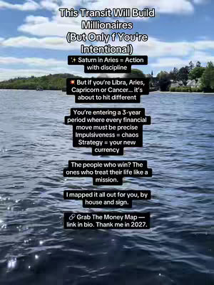 A scenic view of a body of water under a cloudy sky. The image has text overlays with information about astrology and money. The text overlay is in a formal, organized layout.
