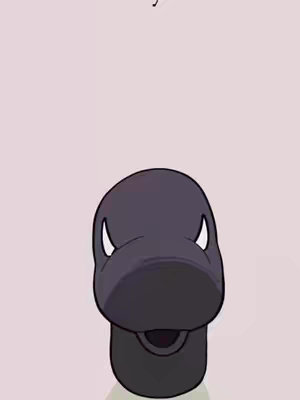 A cartoonish, gray creature with a large head and a wide, open mouth dominates the center of the image against a pale pink background. The creature has small, white, triangular teeth and a dark gray body. Above the creature is a small, cursive-style text.