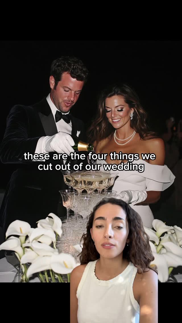 The cover image shows a woman in front of a wedding scene; Two people, a man and a woman, are in the background. The text overlay reads, "these are the four things we cut out of our wedding". The woman in the foregroud is wearing a white tank top, looking at the camera.