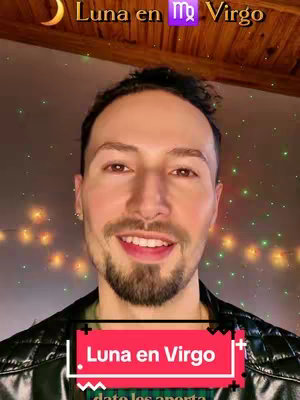 A man with a beard smiles at the camera. Above him is a depiction of a moon and the words "Luna en Virgo" in yellow and purple. Below him is a black rectangular overlay featuring the words "Luna en Virgo" in white text with a red border, and white text below it.