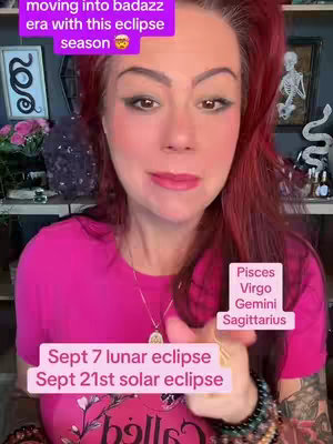 A selfie-style video cover image featuring a woman with red hair and pink makeup. Text overlays are present, discussing eclipse seasons, with a list of zodiac signs and eclipse dates.