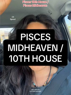 The image is a selfie of a person inside a vehicle, likely a car. The person's face is partially visible, with their eyes and the upper part of their face being the focus. Covering a portion of the face is a large, opaque black rectangle with white text about Pisces, Midheaven, and the 10th house. The background indicates an outdoor setting, likely a parking lot or street, with hints of a light-colored ceiling and visible window frame. The photo is taken in the vertical orientation of a phone, and the individual is wearing a dark top and a necklace. The image has a 2x speed label at the top left, indicating the video may be sped up.
