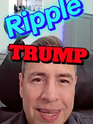 A man smiles at the camera with overlay text that says 'Ripple' in a light blue, blocky font, and 'TRUMP' in a bold, red font. The background shows the blurred view of a conference. The composition is centered around the face of the man.