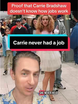 The cover image shows the creator in the foreground, slightly right of the center, talking while smiling. Behind him is a scene from Sex and the City in which Carrie Bradshaw is present walking. In the top left corner, there is a red rectangle with white text and a black rectangle with white text over the image. At the bottom, there is a red rectangle that includes the text.