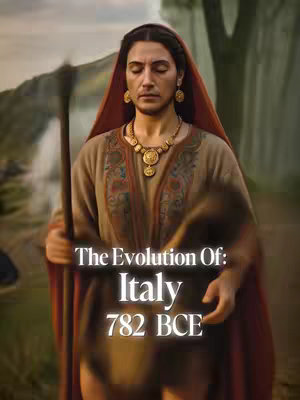 A digitally rendered image of a person dressed in ancient attire, featuring text overlays. The central figure, with a neutral expression, is adorned with jewelry and a head covering. The background suggests a natural landscape with blurred details, while the graphic design features text, setting a historical context and theme.