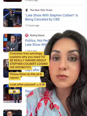 A woman with dark hair is in the foreground; behind her is a screenshot of news articles. Three yellow rectangles with text are overlaid on the image. The woman is looking towards the camera with a neutral expression, while various news headlines are visible in the background.