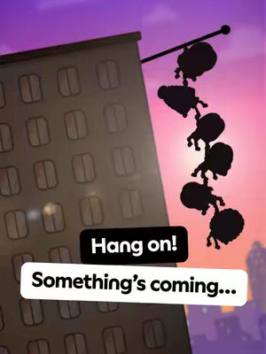 The image shows a building silhouetted against a vibrant, purple and pink sunset. In the foreground, two text boxes read “Hang on!” and “Something’s coming…”. A series of silhouetted figures hang from a horizontal pole at the top of the building.