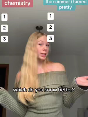 The cover image features a young woman with long blonde hair, wearing an off-the-shoulder green dress. She is standing in front of a plain wall. Above her head, the words "chemistry" and "the summer I turned pretty" are displayed side-by-side, each with a numbered list (1, 2, 3) below. The overall composition is simple and direct, focusing on the woman and the text overlay.