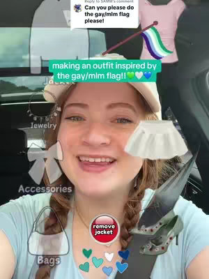A selfie-style image featuring a woman inside a car. The woman has red hair styled in braids and is smiling. She's wearing a light blue top and a cream-colored hat. The image includes superimposed elements, such as a flag and images of clothing, jewelry and accessories, set against a blurred background of what seems to be a car's interior. The overall composition uses a balanced color scheme focusing on blues, whites, and pink