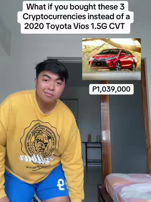 A man in a yellow sweatshirt and blue shorts stands in a room, with a red car image and text overlayed on the image. The text asks what if you bought cryptocurrencies instead of the car, which is listed at P1,039,000.