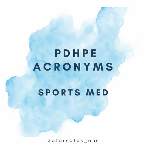 The cover image shows a light blue watercolor background with white space. Overlaid on top are dark blue text elements which are: "PDHPE ACRONYMS" and below " SPORTS MED ".  At the very bottom in smaller font is "@atarnotes_aus".