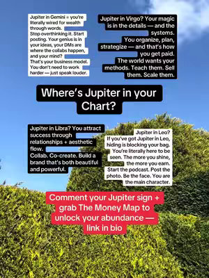 The image shows a blue sky background with a series of text boxes containing astrological information. The main focus is on different Jupiter signs with associated traits. A section of green foliage adds visual contrast near the bottom. Red rectangular text box prompts viewers to comment on their sign and grab a resource; additional text reads "link in bio".