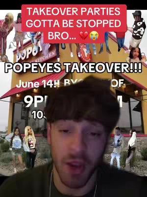 The cover image features a male creator with a close-up view, overlayed with text and a background showing a Popeyes restaurant with multiple people in the background.