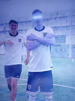 Two soccer players, one centrally positioned with glowing white features, wearing the England kit. The other player is on the left. Both are on a soccer pitch and it has a blue filter.