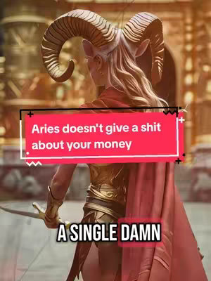 An artistic depiction of a character, the Aries zodiac sign, from the back. The central figure, a person with pale skin, long blonde hair, and ram horns, is clad in golden armor and a flowing red cape, holding a drawn bow and arrow. The background, out of focus, suggests a grand architectural setting. The text overlay features the core message of the video in a bold font.