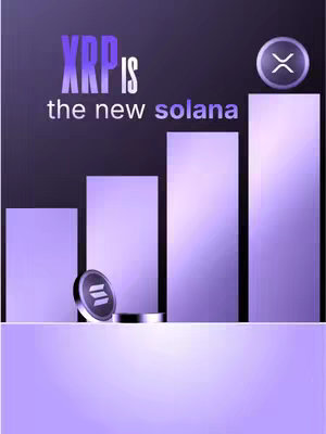 A stylized graphic with a gradient purple-to-black background. In the center are three light purple rectangular bars of varying heights, and a fourth bar is on the right. In front of the bars, a silver coin with a black 'S' is on a small pedestal. Above the bars is text in a white, bold font that reads 'XRP IS the new solana' in a stylized way with 'XRP' in larger, bolder letters. To the right and slightly above the bar is a round button with the XRP logo.