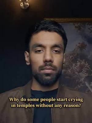 A medium shot features a man with a beard and a brown jacket. He is looking directly at the camera against a dark background. Text is overlaid with a question about why people cry in temples.