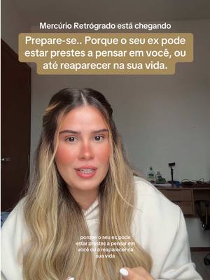 A young woman with long blonde hair is centered in the frame, her expression soft with a slight smile. Above her, a text overlay in a rounded rectangle reads a message about a retrograde and an ex. Below her, smaller text repeats some of this phrase.