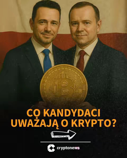 The image is a composite featuring a dark background with overlaid text and images. Two men in suits are positioned near the top, and a golden Bitcoin is positioned in the middle. Below the images, large, orange text reads, "CO KANDYDACI UWAŻAJĄ O KRYPTO?" (What do the candidates think about crypto?). There is also a logo of a website at the bottom right.