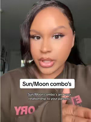 A woman with flawless makeup and dark hair looks at the camera, a text box overlaying her on-screen that says Sun/Moon combo's. She is wearing a brown sweater, and the background is a blurred interior.