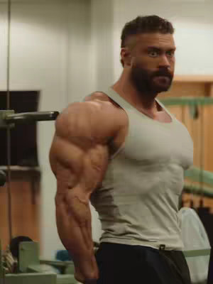 A bodybuilder, wearing a tank top, flexes his bicep in a gym setting. The background includes workout equipment and mirrors.