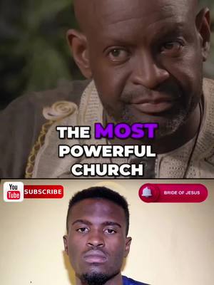 The cover image is split in half, with the top half showing a close-up of a Black man with a bald head and beard looking towards the camera. Text overlayed in the middle states 'THE MOST POWERFUL CHURCH,' with the word 'MOST' in purple. The bottom half features a close-up of a younger Black man. There are call-to-action elements in the image, with a red YouTube 'SUBSCRIBE' button and a notification bell with 'BRIDE OF JESUS' text.