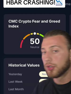 A man is in the frame in front of a dark-themed app dashboard. The app shows the CMC Crypto Fear and Greed Index, with a dial pointing to 'Neutral' and a value of 50. Below, there's a section for 'Historical Values' and some data.