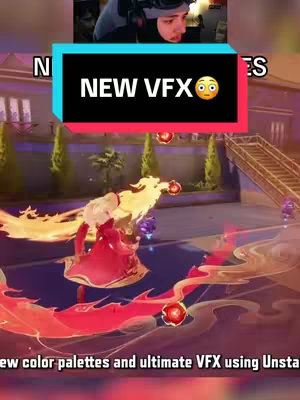 The image shows a vertical layout with a video game scene in the background and an overlaid webcam shot of the creator in the top corner. The game scene features a character with bright, fiery visual effects. Overlaid in the center of the image is a vibrant, rectangular text box that reads 'NEW VFX' in a bold, sans-serif font with an astonished emoji. At the top of the background, there is a streamer with a headset.