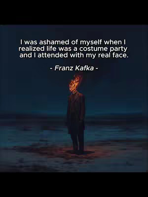 The image has a dark, moody aesthetic. In the foreground, a silhouetted figure stands, its head replaced by a fiery glow. The background shows a dark, blueish gradient, likely representing a night sky or a body of water, with a slight horizontal line toward the bottom. Text is superimposed at the top, a quote from Franz Kafka, written in white font.