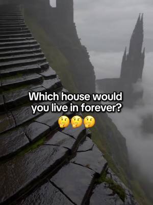 The image shows a dramatic, dark landscape featuring a stone staircase leading up a steep cliff or mountain. The composition is dominated by a large, dark, castle-like structure in the background, which is partially obscured by fog or clouds. The overall tone is mysterious. The text overlayed asks "Which house would you live in forever?" and includes three emoji faces.