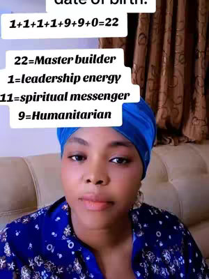 A person in a blue head covering and patterned top is centered, in front of a light brown couch. Text overlays the image describing numerological meanings.