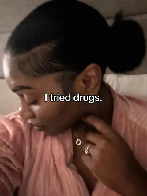 The cover image shows a close-up of a person with dark hair pulled back in a bun. The person is viewed in profile, with their head slightly tilted and face partially obscured. They have dark skin, and are possibly wearing a pink robe. The text overlayed on the image states, "I tried drugs."