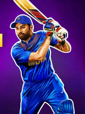 An illustrated image of a cricket player in a batting stance, wearing a blue India team uniform. The background is a gradient of purple.