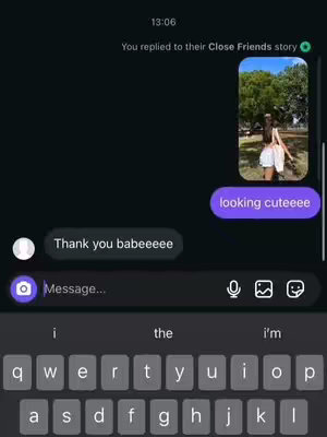 The image shows a phone screen displaying a text message conversation. The background is a dark mode interface. The conversation includes messages like "looking cuteeee" and "Thank you babeeeee".  A small image is displayed above with a picture of a women wearing a white dress. There is a keyboard at the bottom.