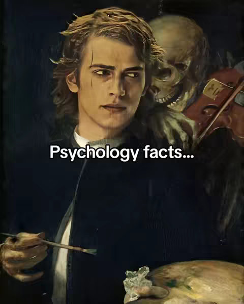 An artistic rendering of a young man in a dark coat holding a paintbrush and palette with a skeleton figure playing a violin behind him, a 'Psychology facts...'  text overlay completes the scene.