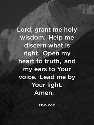 A black and white image of a snowy mountain range is overlaid by white text, including a prayer.