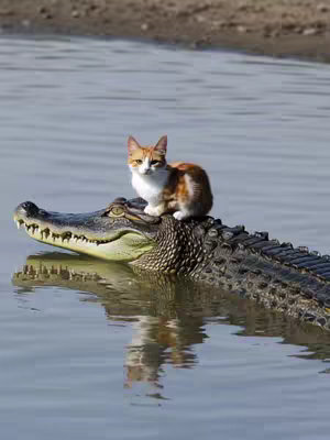 The image features a cat riding an alligator in a body of water. The cat has orange and white fur and is positioned on the alligator's back, which is partially submerged. The alligator's head is visible, with its mouth closed and its eye open. The water reflects the alligator and the cat. The background shows what appears to be a shore or land.