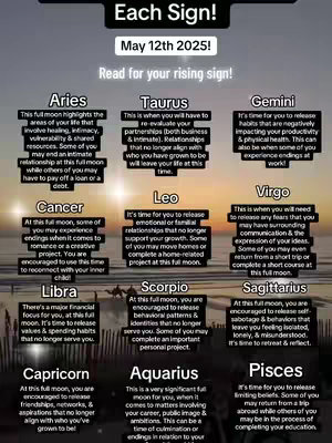 A graphic for each zodiac sign's full moon experience. A gradient purple to black background with a central, circular heading in white text reads, Each Sign!. Below that in white, May 12th 2025!. Below that in white text, Read for your rising sign!. Below, there are six columns: Aries, Taurus, Gemini, Cancer, Leo, Virgo, Libra, Scorpio, Sagittarius, Capricorn, Aquarius, Pisces. Each cell includes white text. The background depicts an ocean view.