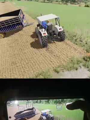 The image shows a mobile phone screen displaying a tractor simulator game. The upper half shows the game's perspective with a tractor pulling a trailer on a dirt road through a field. The bottom half shows the phone being held, with the game's interface visible. The phone's screen captures the in-game controls.