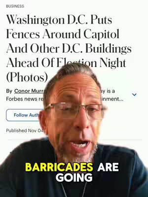 A man in glasses is speaking, overlaid on a news article about fences being set up around Capitol Hill. The overlaid text reads 'BARRICADES ARE GOING'.