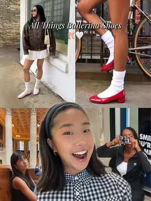 The cover image is a collage showing different women in various settings, all wearing or featuring ballerina-style shoes. The collage is composed of four main segments. The upper left shows a person in a brown jacket and short white skirt, wearing cream-colored socks and ballerina flats, against a building backdrop. The upper right showcases a person wearing similar shoes but in red, with white socks, next to a bicycle. The bottom center features a woman smiling widely, wearing a black and white checkered shirt and a headband. The bottom left features a woman looking down with a thoughtful expression, and the bottom right features a woman holding a phone up, as if taking a picture. Text overlaying the image reads 'All Things Ballerina Shoes'.