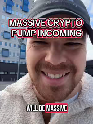 A man with a beard and a black cap smiles at the camera. Overlaid on his face are two text boxes with the phrases "MASSIVE CRYPTO PUMP INCOMING" and "WILL BE MASSIVE". Background includes a building in blue and white.